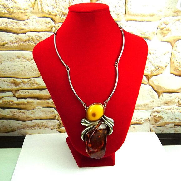 Super Giant Heavy Amber & 925 Silver Link Necklace - Rare Jewelry Gift For Her - Picture 2 of 16